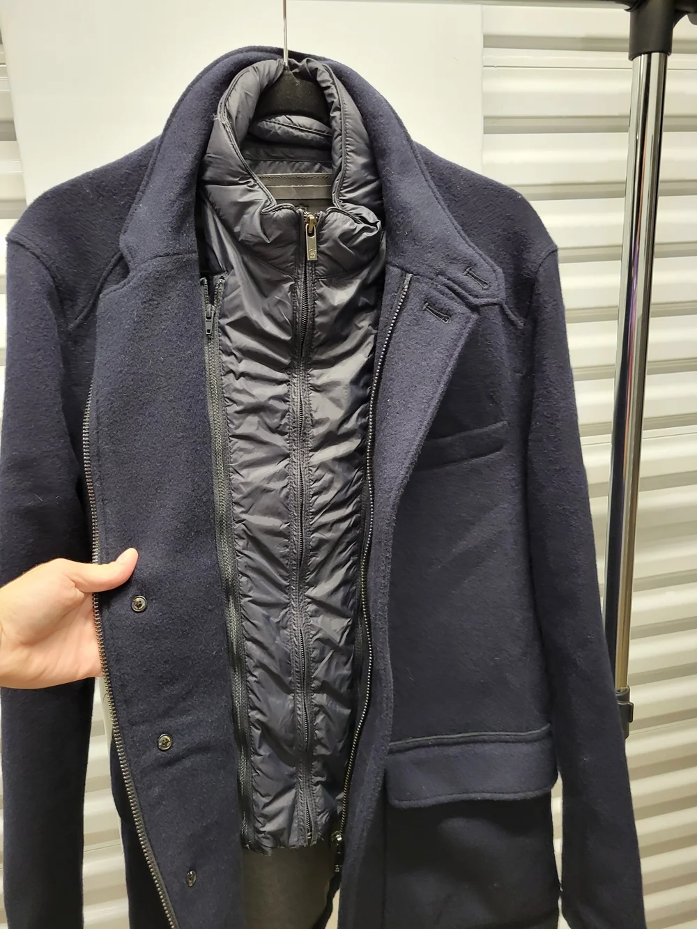 Massimo Dutti 2-in-1 wool jacket featuring a built-in, quilted puffer bib